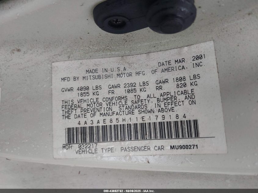 2001 Mitsubishi Eclipse Spyder Gt VIN: 4A3AE85H11E179184 Lot: 43852722