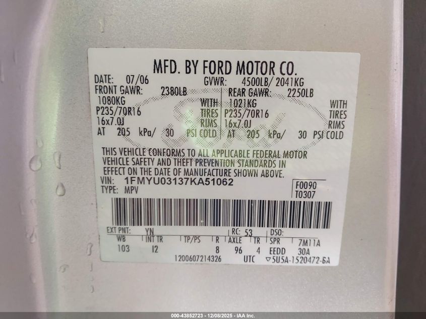 2007 Ford Escape Xlt/Xlt Sport VIN: 1FMYU03137KA51062 Lot: 43852723