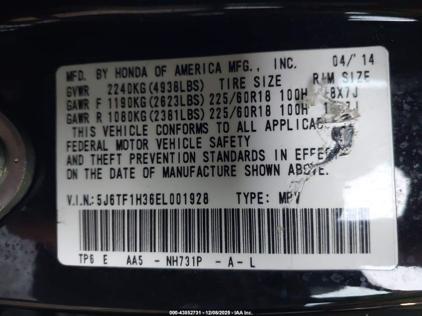 2014 Honda Crosstour Ex V6 VIN: 5J6TF1H36EL001928 Lot: 43852731