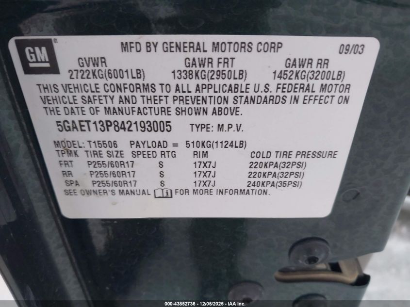 2004 Buick Rainier Cxl Plus VIN: 5GAET13P842193005 Lot: 43852736