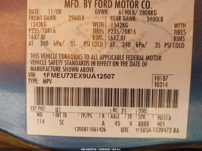 2009 Ford Explorer Xlt VIN: 1FMEU73EX9UA12507 Lot: 43852738