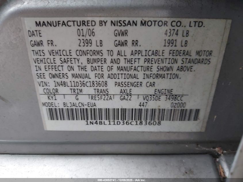 2006 Nissan Altima 3.5 Se VIN: 1N4BL11D36C183608 Lot: 43852741