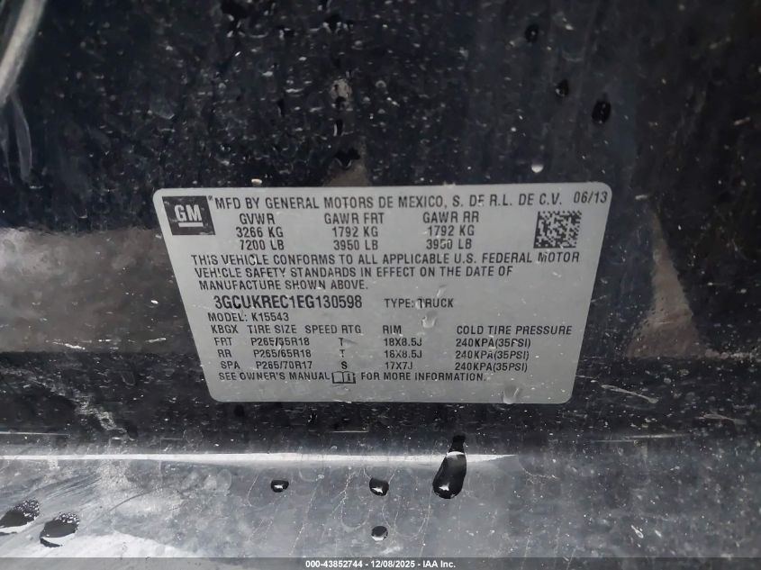 2014 Chevrolet Silverado 1500 2Lt VIN: 3GCUKREC1EG130598 Lot: 43852744