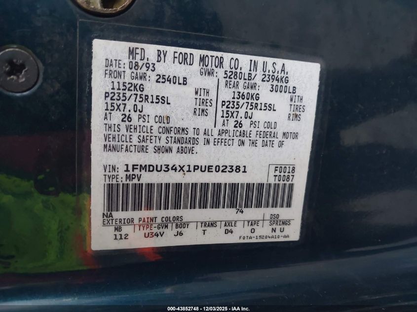 1993 Ford Explorer VIN: 1FMDU34X1PUE02381 Lot: 43852748