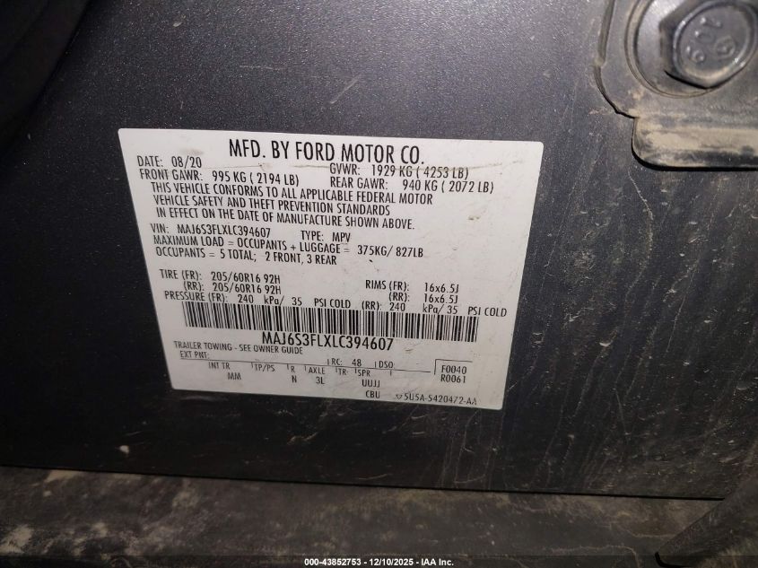 2020 Ford Ecosport S VIN: MAJ6S3FLXLC394607 Lot: 43852753