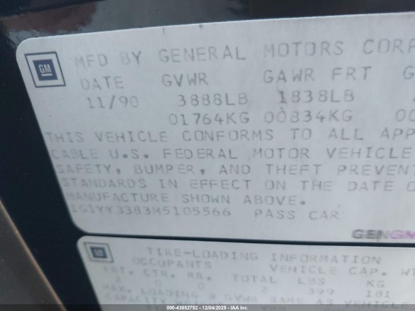 1991 Chevrolet Corvette VIN: 1G1YY3383M5105566 Lot: 43852752