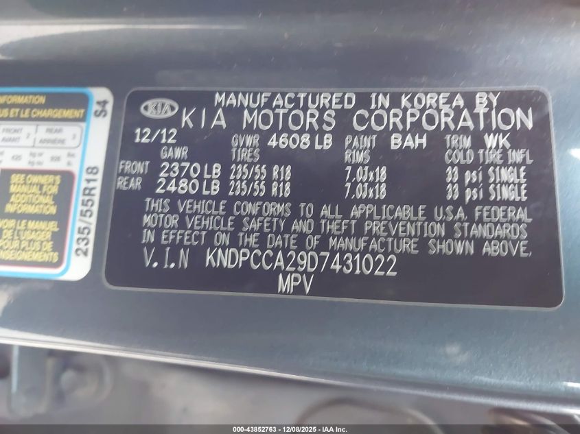 2013 Kia Sportage Ex VIN: KNDPCCA29D7431022 Lot: 43852763