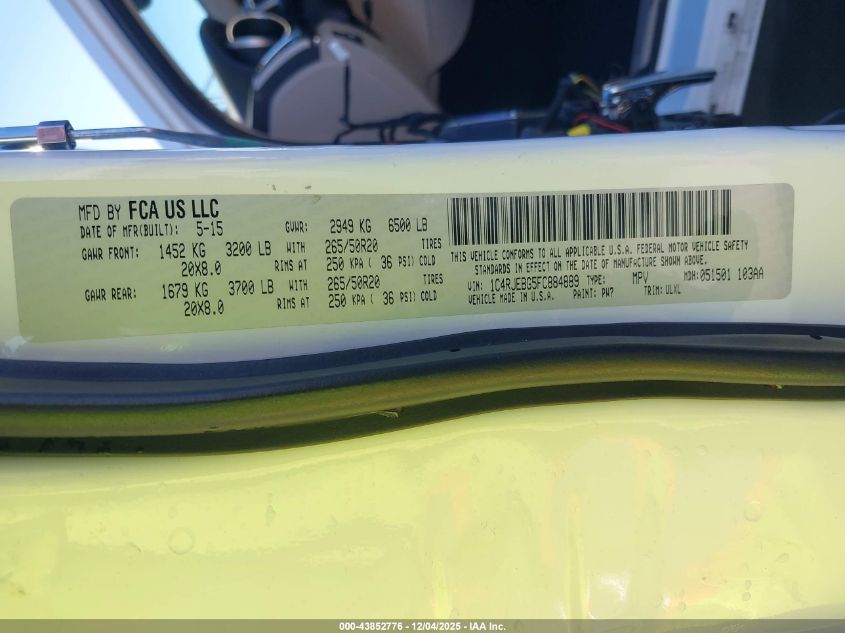 2015 Jeep Grand Cherokee Limited VIN: 1C4RJEBG5FC884889 Lot: 43852776