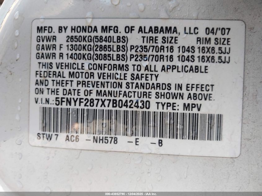 2007 Honda Pilot Ex-L VIN: 5FNYF287X7B042430 Lot: 43852790