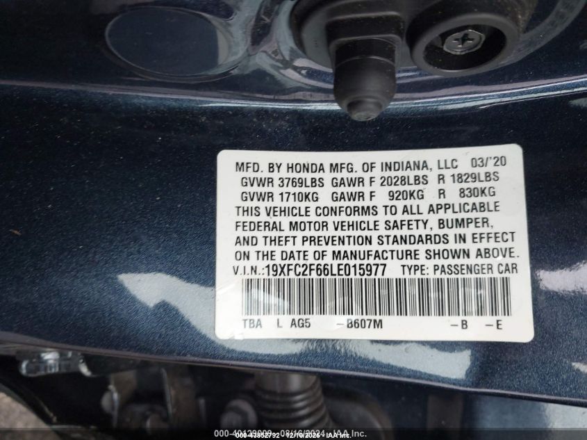 2020 Honda Civic Lx VIN: 19XFC2F66LE015977 Lot: 43852792