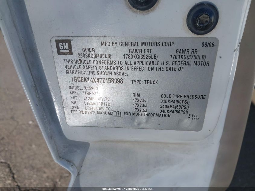 2007 Chevrolet Silverado 1500 Classic Work Truck VIN: 1GCEK14X47Z158098 Lot: 43852799