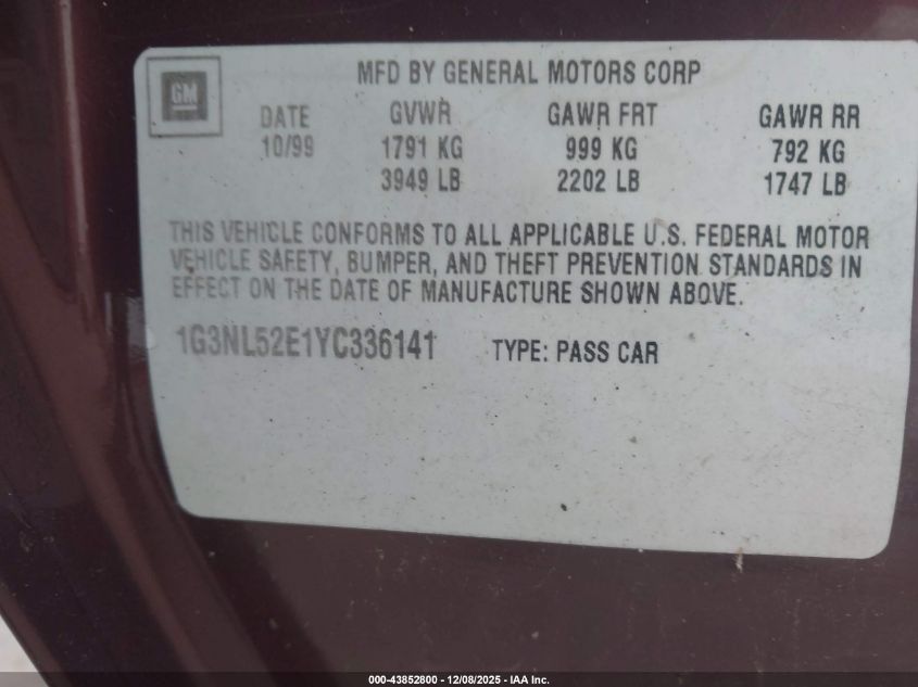 2000 Oldsmobile Alero Gl3 VIN: 1G3NL52E1YC336141 Lot: 43852800