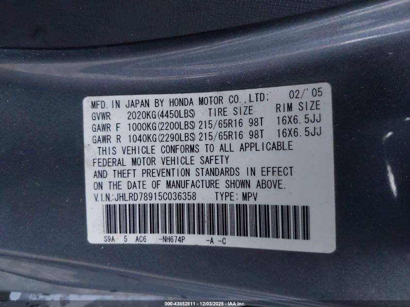 2005 Honda Cr-V Se VIN: JHLRD78915C036358 Lot: 43852811