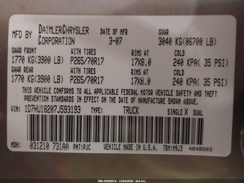 2007 Dodge Ram 1500 Slt/Trx4 Off Road/Sport VIN: 1D7HU18207J593193 Lot: 43852814
