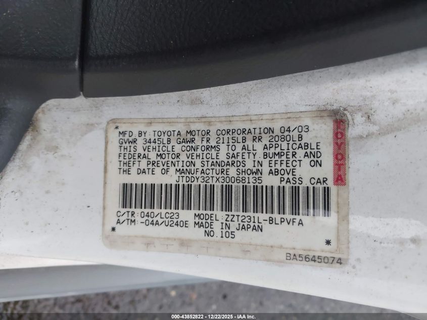 2003 Toyota Celica Gts VIN: JTDDY32TX30068135 Lot: 43852822