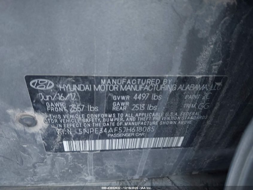 2018 Hyundai Sonata Sel VIN: 5NPE34AF5JH618085 Lot: 43852832