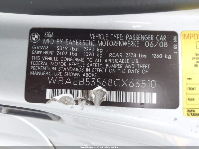 2008 BMW 650I VIN: WBAEB53568CX63510 Lot: 43852841