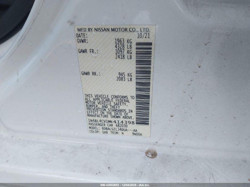 2021 Nissan Altima VIN: 194BL4CV1MN414398 Lot: 43852853