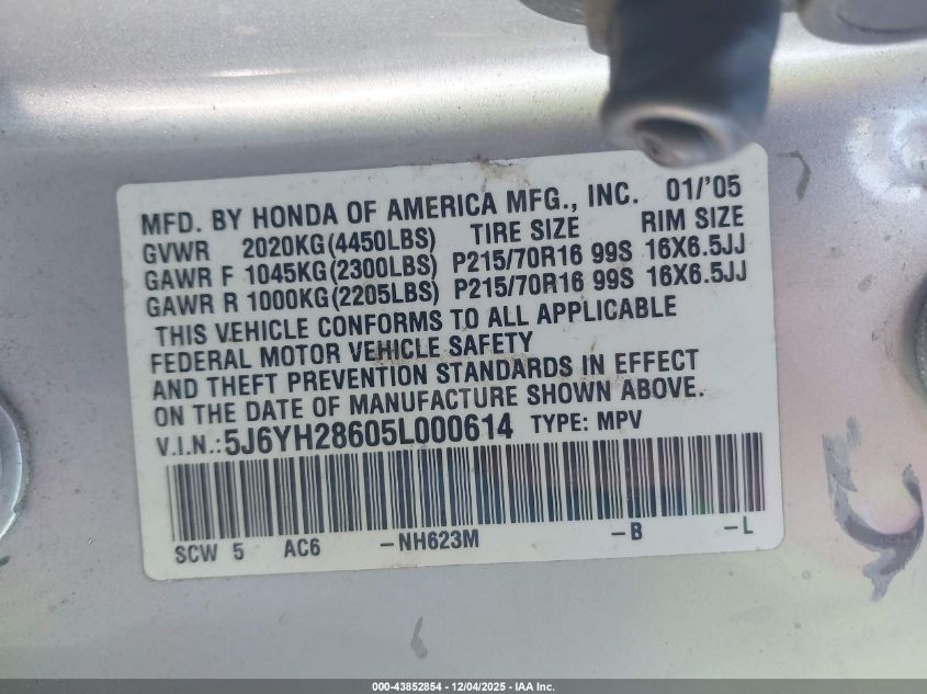 2005 Honda Element Ex VIN: 5J6YH28605L000614 Lot: 43852854