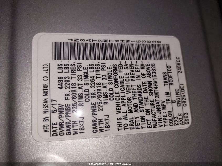 2017 Nissan Rogue Sl VIN: JN8AT2MT4HW153828 Lot: 43852857