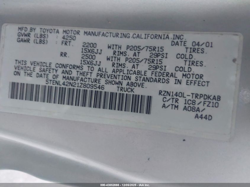 2001 Toyota Tacoma VIN: 5TENL42N21Z809546 Lot: 43852866