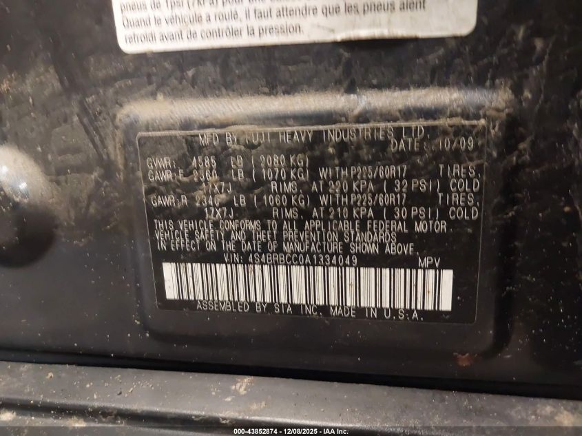 2010 Subaru Outback 2.5I Premium VIN: 4S4BRBCC0A1334049 Lot: 43852874