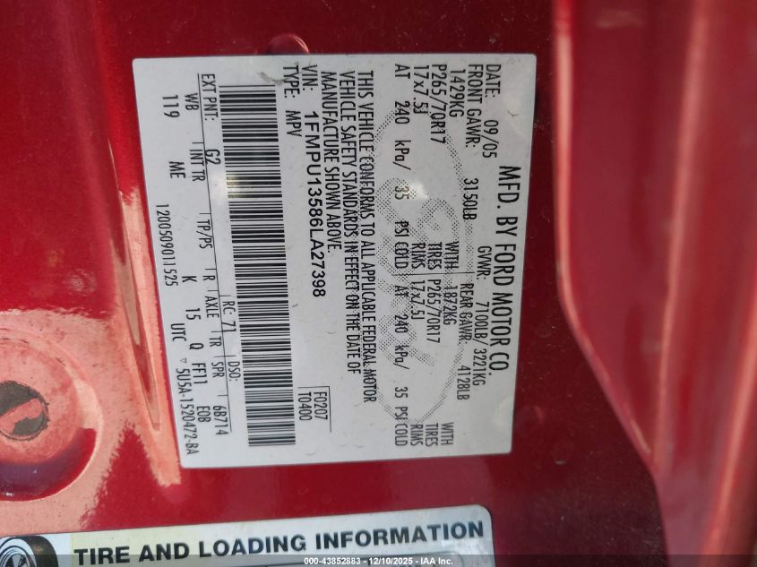 2006 Ford Expedition Xls VIN: 1FMPU13586LA27398 Lot: 43852883