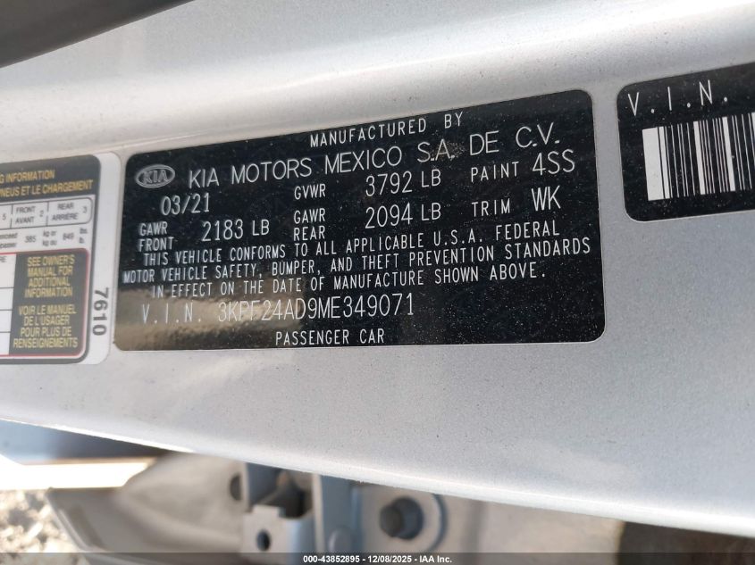 2021 Kia Forte Lxs VIN: 3KPF24AD9ME349071 Lot: 43852895