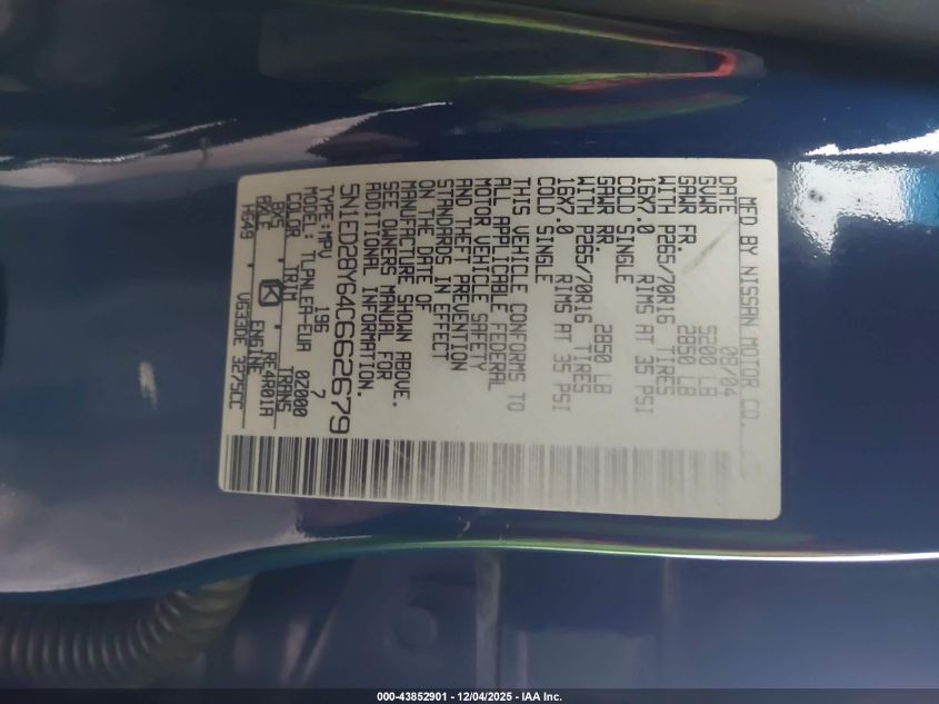 2004 Nissan Xterra Xe VIN: 5N1ED28Y64C662679 Lot: 43852901