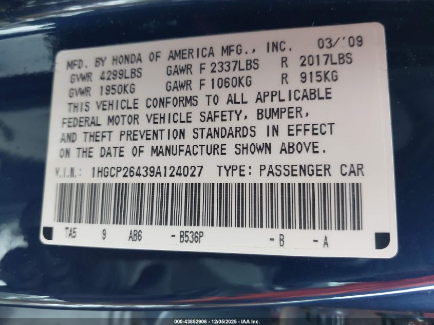 2009 Honda Accord 2.4 Lx-P VIN: 1HGCP26439A124027 Lot: 43852906