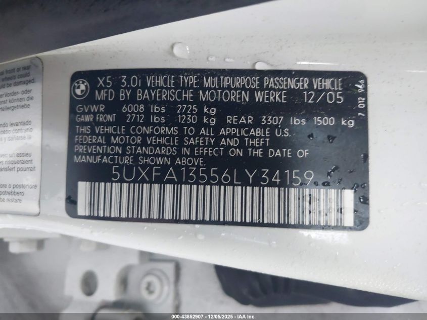 2006 BMW X5 3.0I VIN: 5UXFA13556LY34159 Lot: 43852907