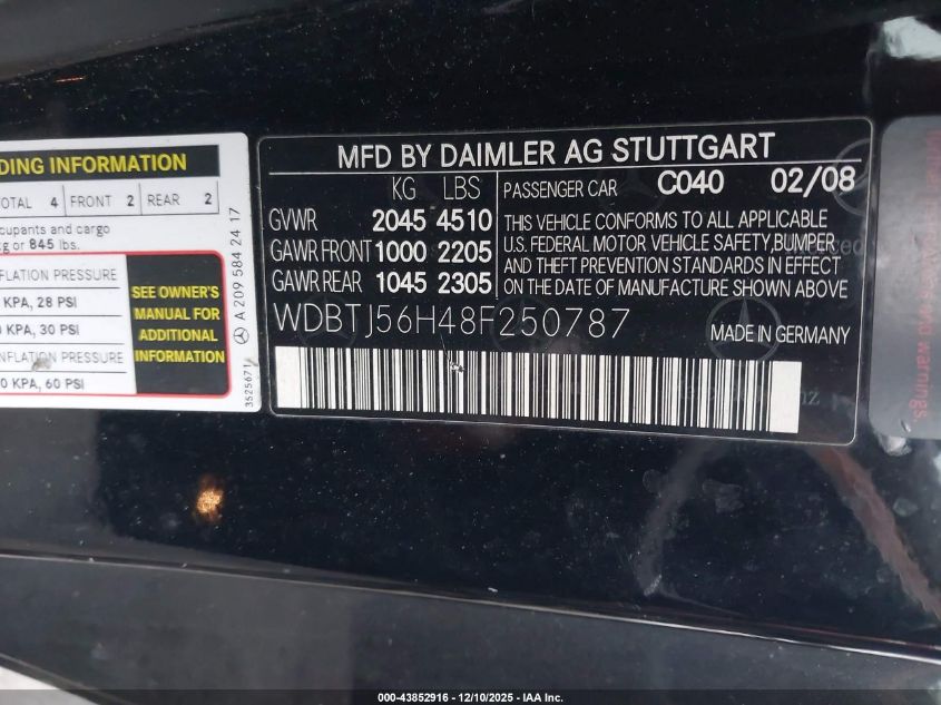 2008 Mercedes-Benz Clk 350 VIN: WDBTJ56H48F250787 Lot: 43852916