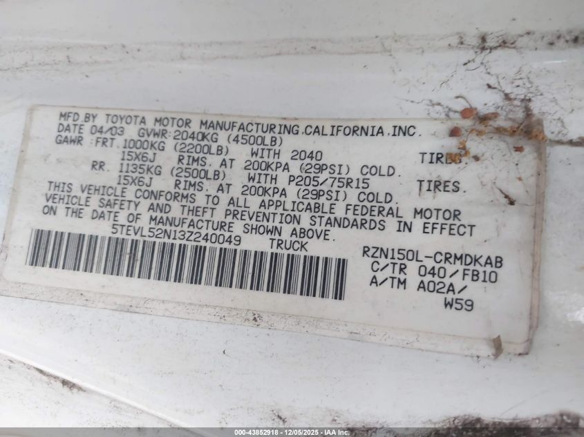 2003 Toyota Tacoma VIN: 5TEVL52N13Z240049 Lot: 43852918