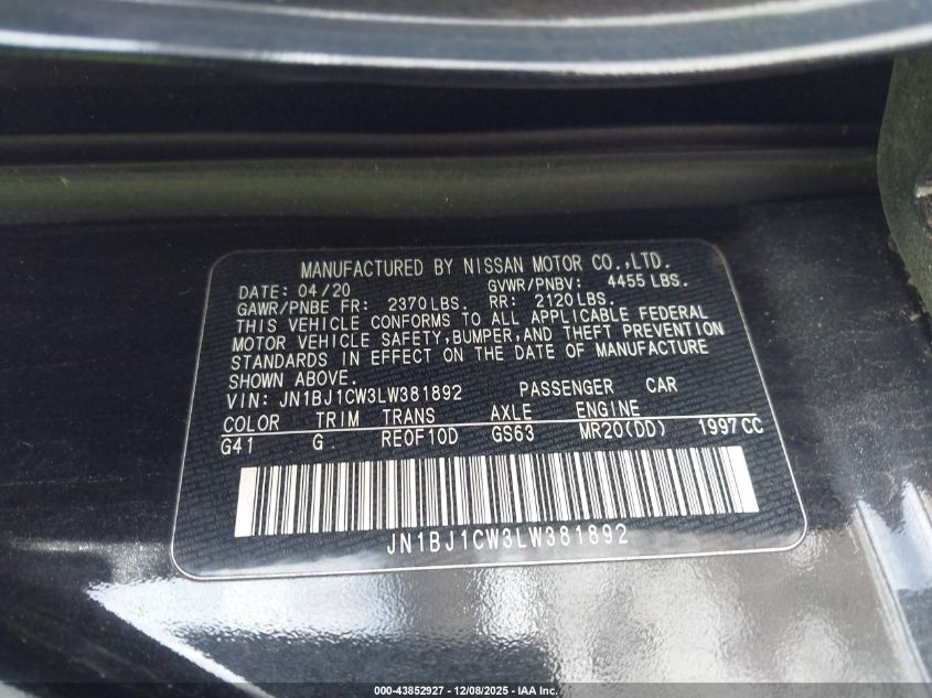 2020 Nissan Rogue Sport Sv Awd Xtronic Cvt VIN: JN1BJ1CW3LW381892 Lot: 43852927