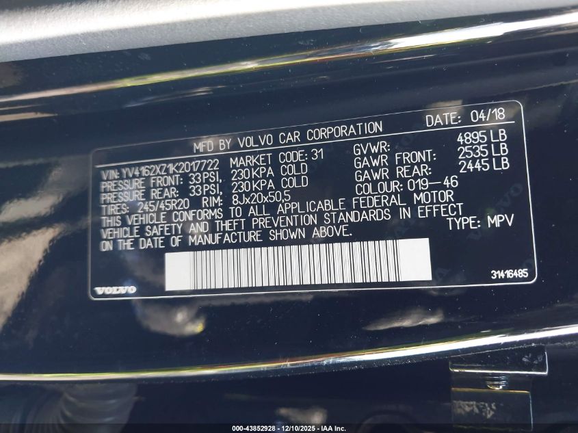2019 Volvo Xc40 T5 Momentum/T5 R-Design VIN: YV4162XZ1K2017722 Lot: 43852928