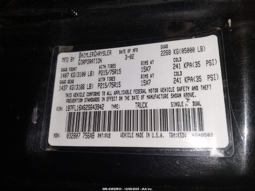 2002 Dodge Dakota VIN: 1B7FL16X62S643942 Lot: 43852933