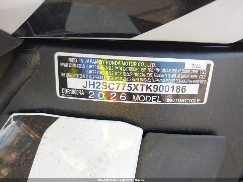 2026 Honda Cbr1000 Ra VIN: JH2SC775XTK900186 Lot: 43852936