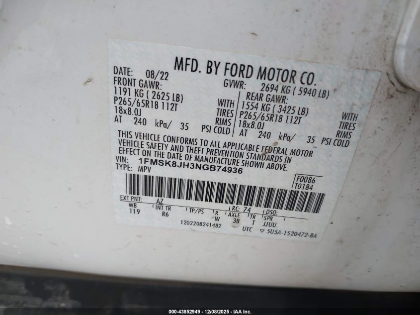 2022 Ford Explorer Timberline VIN: 1FMSK8JH3NGB74936 Lot: 43852949