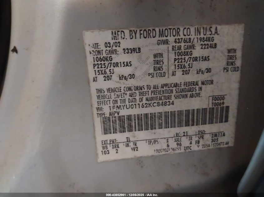 2002 Ford Escape Xls VIN: 1FMYU01162KC84834 Lot: 43852961