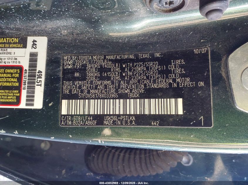 2008 Toyota Tundra Limited 5.7L V8 VIN: 5TFDV58178X033965 Lot: 43852969