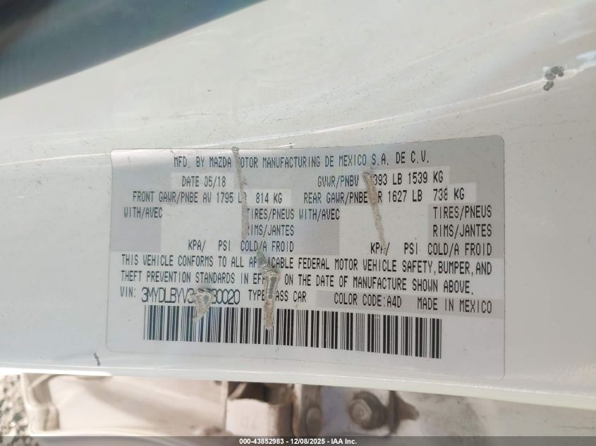 2018 Toyota Yaris Ia VIN: 3MYDLBYV3JY330020 Lot: 43852983