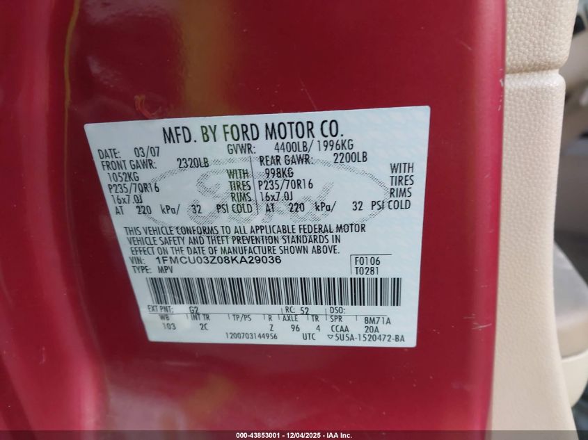 2008 Ford Escape Xlt VIN: 1FMCU03Z08KA29036 Lot: 43853001