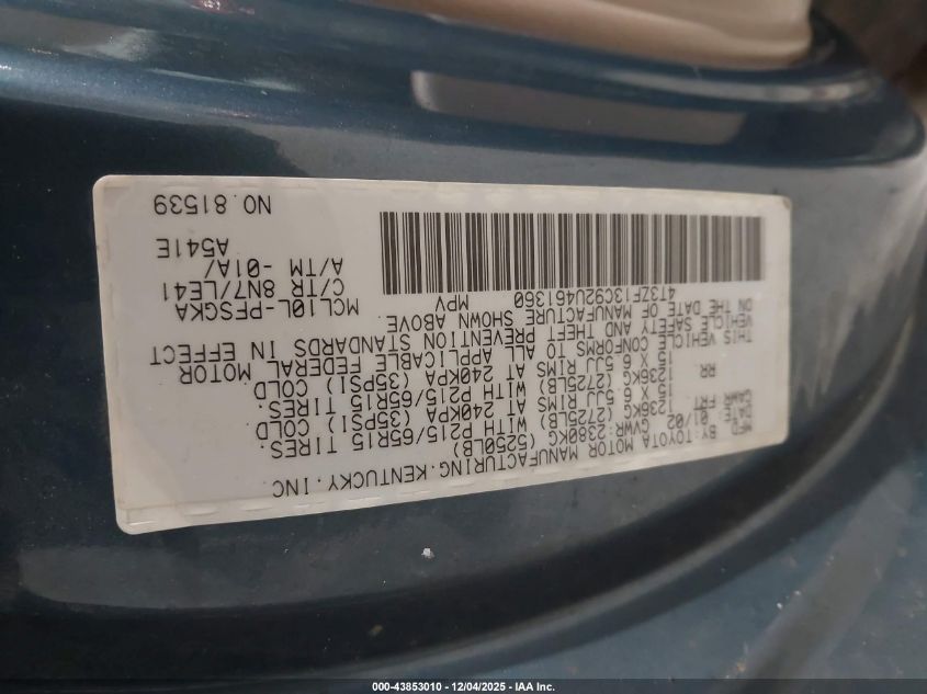 2002 Toyota Sienna Xle VIN: 4T3ZF13C92U461360 Lot: 43853010