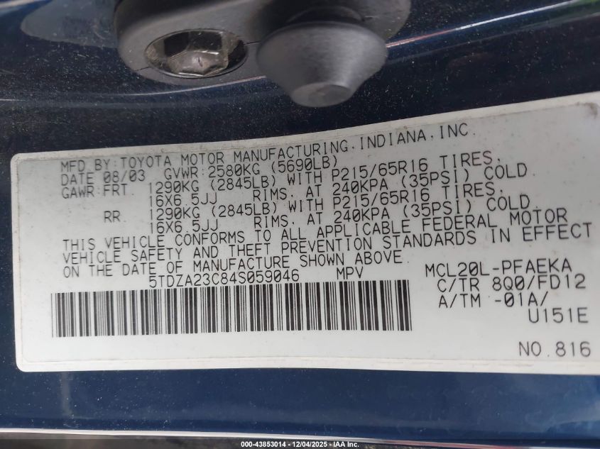 2004 Toyota Sienna Ce VIN: 5TDZA23C84S059046 Lot: 43853014