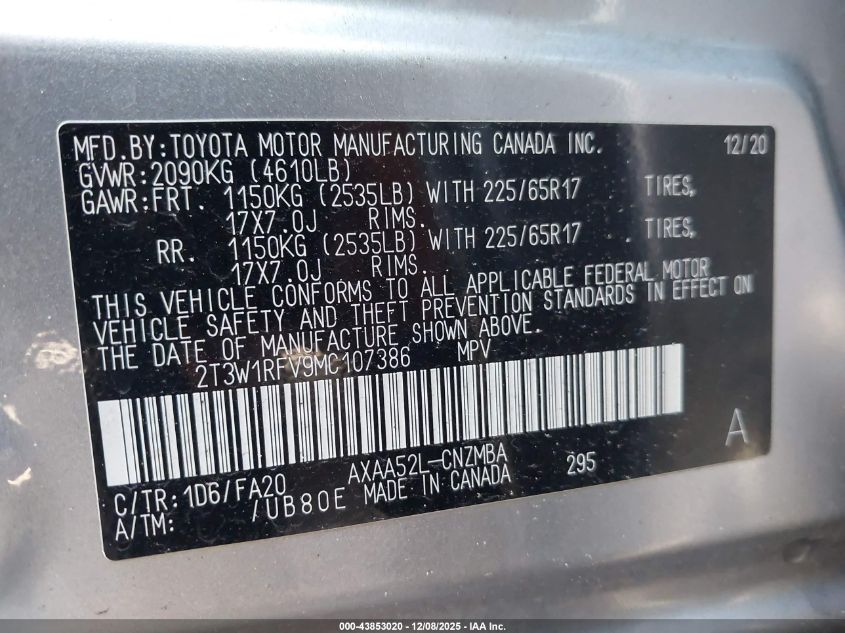 2021 Toyota Rav4 Xle VIN: 2T3W1RFV9MC107386 Lot: 43853020