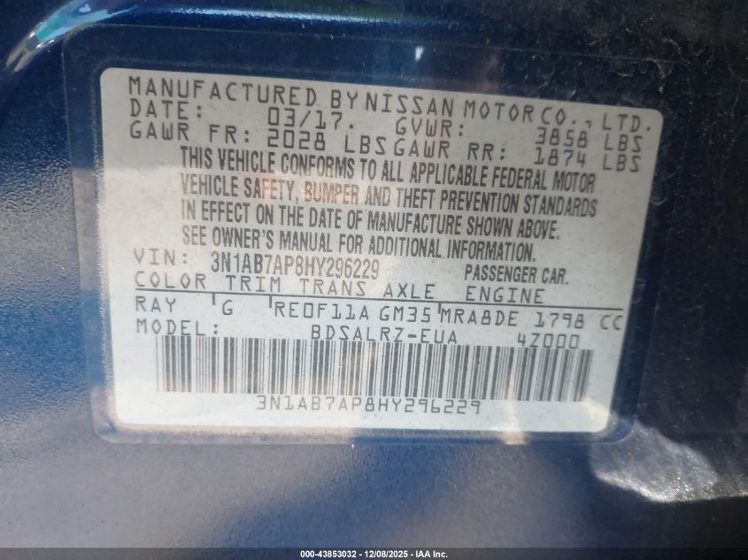 2017 Nissan Sentra Sr VIN: 3N1AB7AP8HY296229 Lot: 43853032