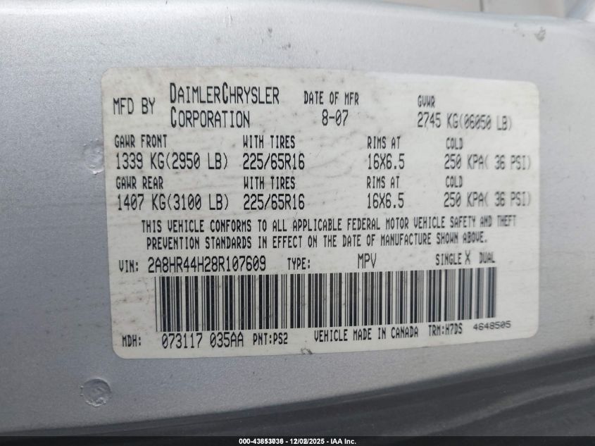 2008 Chrysler Town & Country Lx VIN: 2A8HR44H28R107609 Lot: 43853036