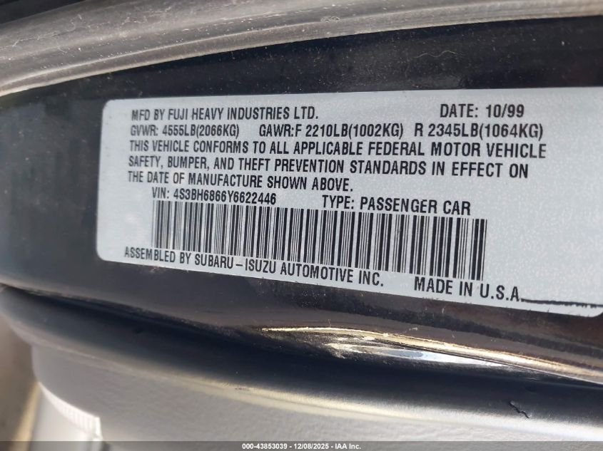 2000 Subaru Outback Limited VIN: 4S3BH6866Y6622446 Lot: 43853039