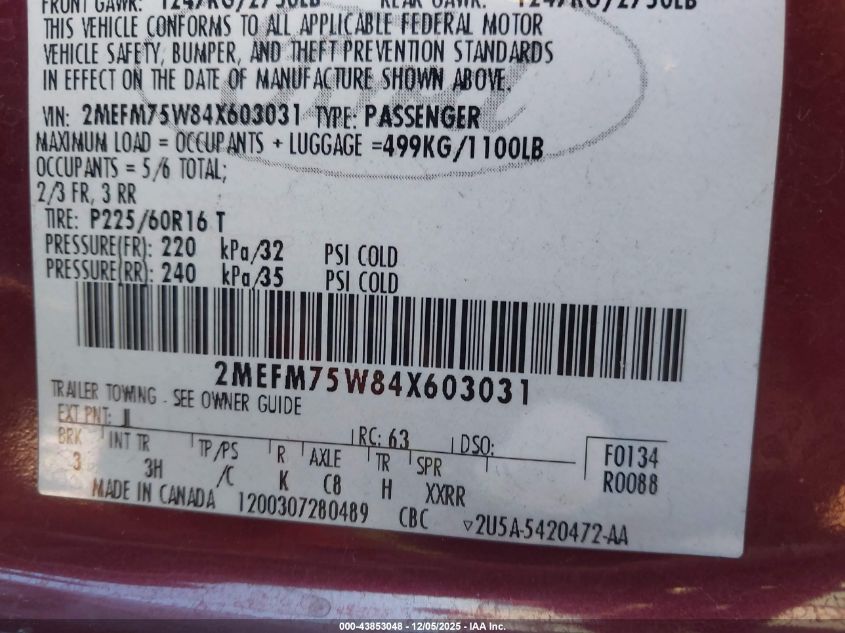 2004 Mercury Grand Marquis Ls VIN: 2MEFM75W84X603031 Lot: 43853048