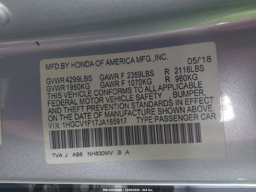 2018 Honda Accord Lx VIN: 1HGCV1F17JA165917 Lot: 43853069